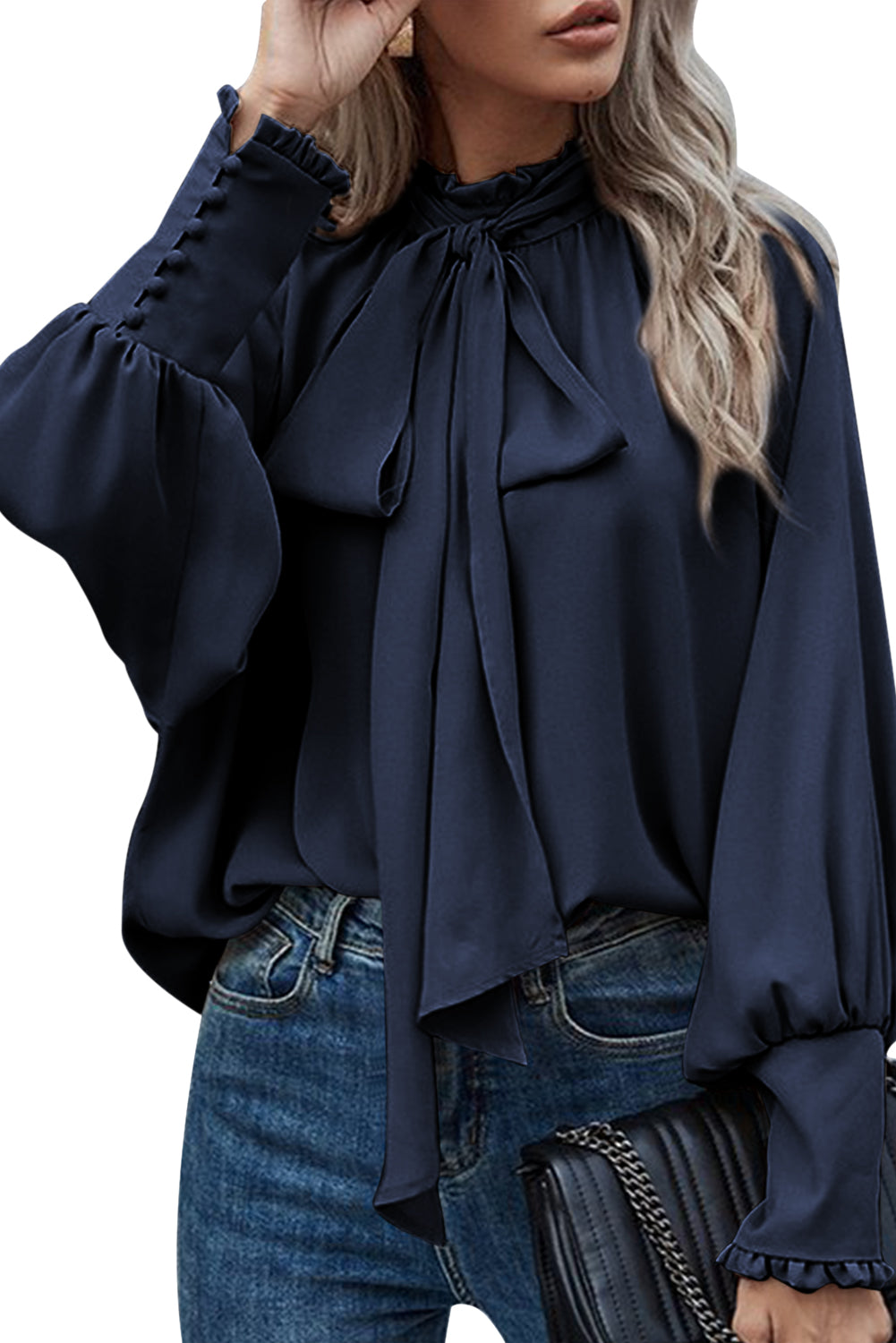 Navy Blue Frilled Knotted Mock Neck Bishop Sleeve Blouse