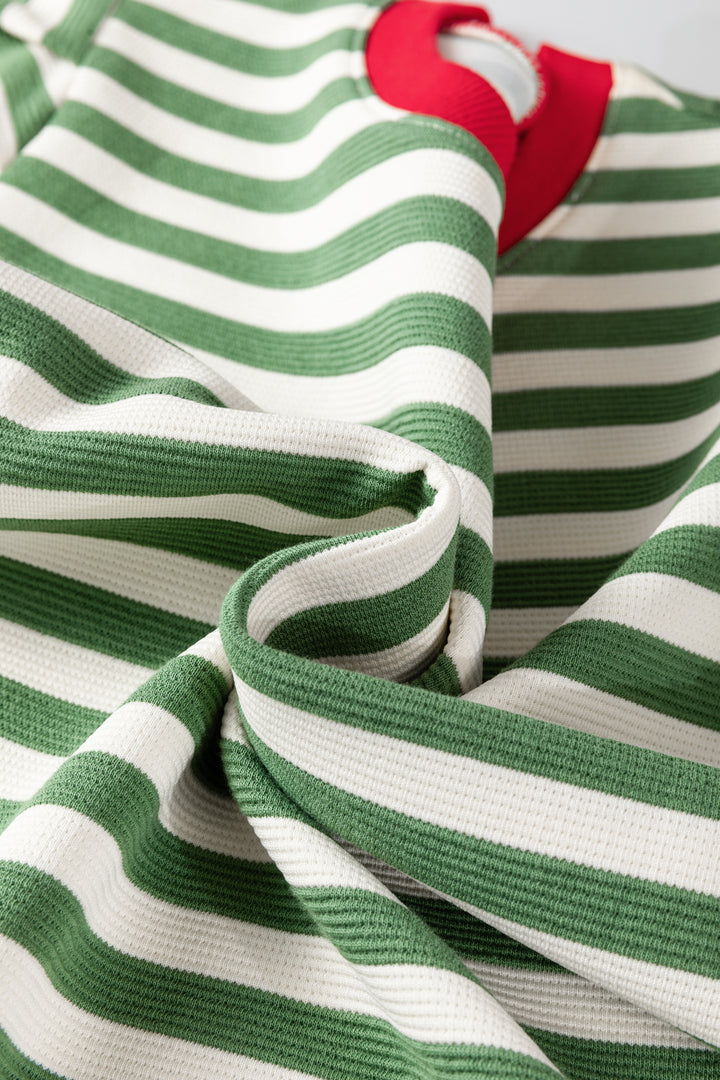 Green Stripe Short Puff Sleeve Contrast Trim Round Neck Tee