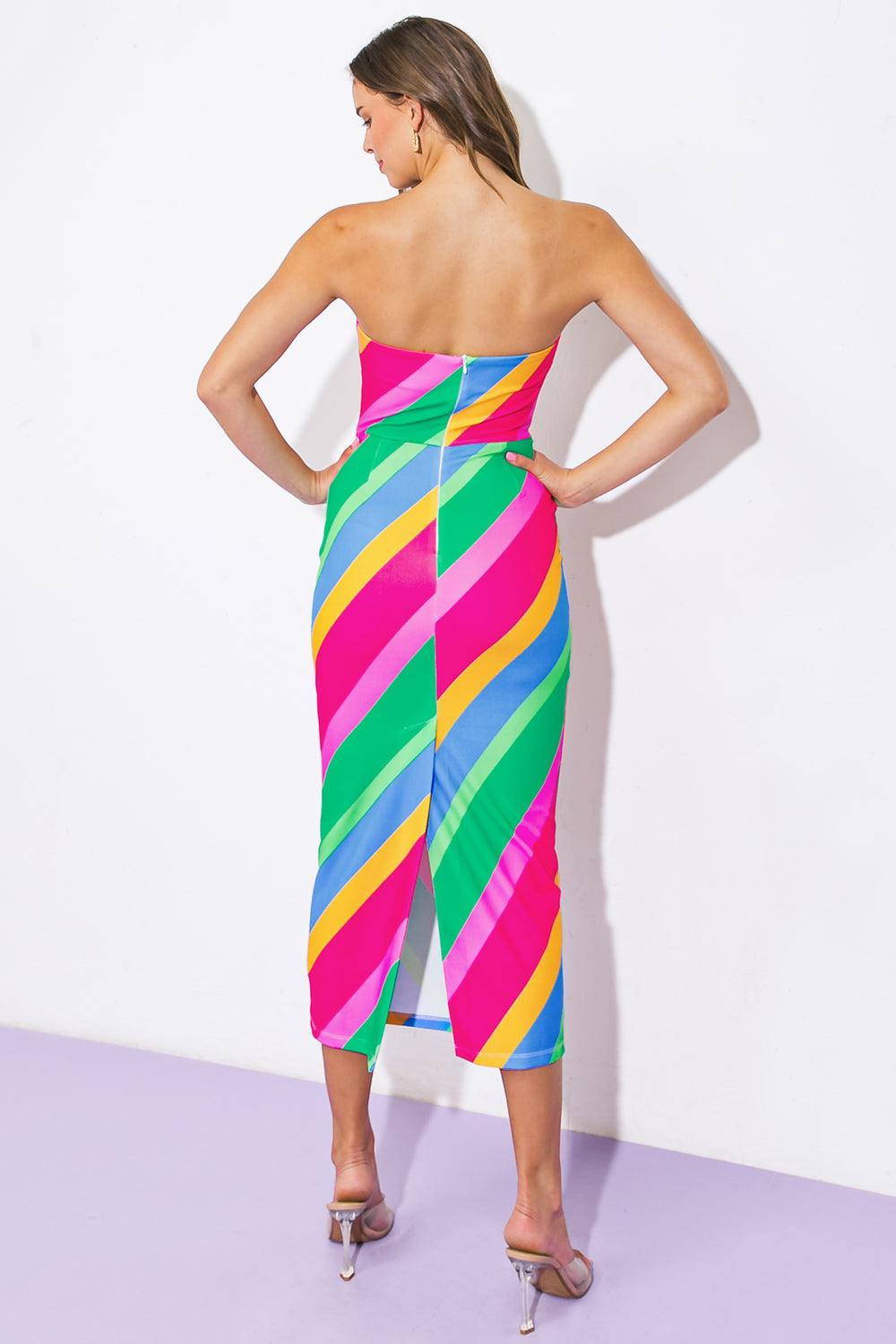 Back view of colorful strapless midi dress with diagonal stripes.