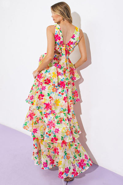 Back view of floral high-rise woven maxi dress with tie detail.