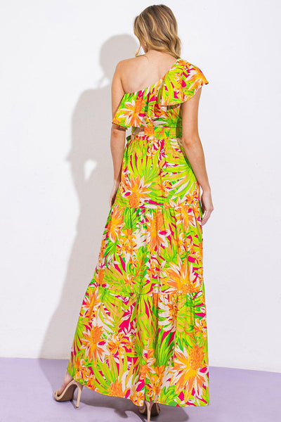 Back view of colorful floral poplin maxi dress