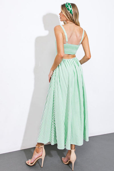 Back view of green striped woven midi dress