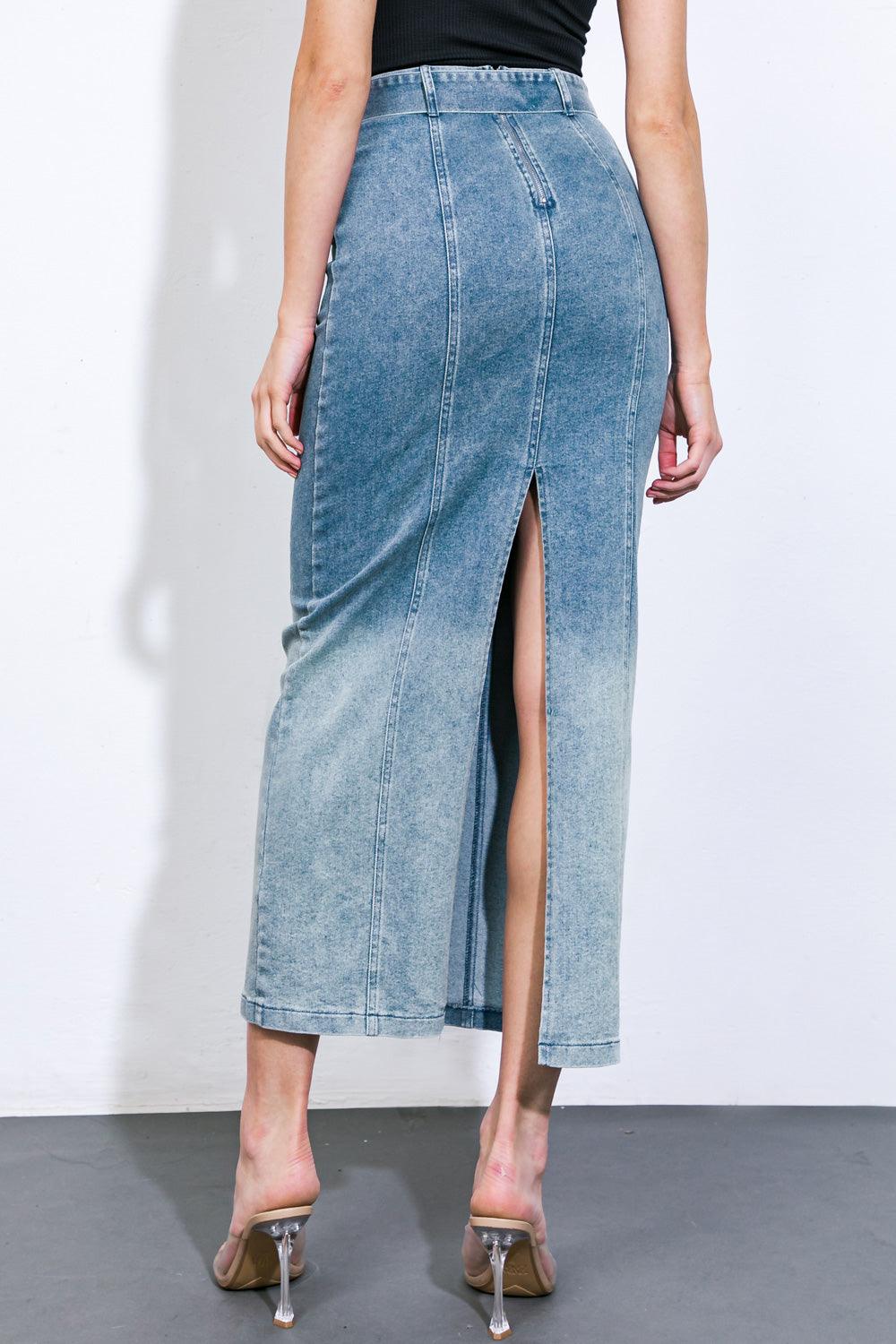 THE GRASS IS GREENER DENIM MIDI SKIRT