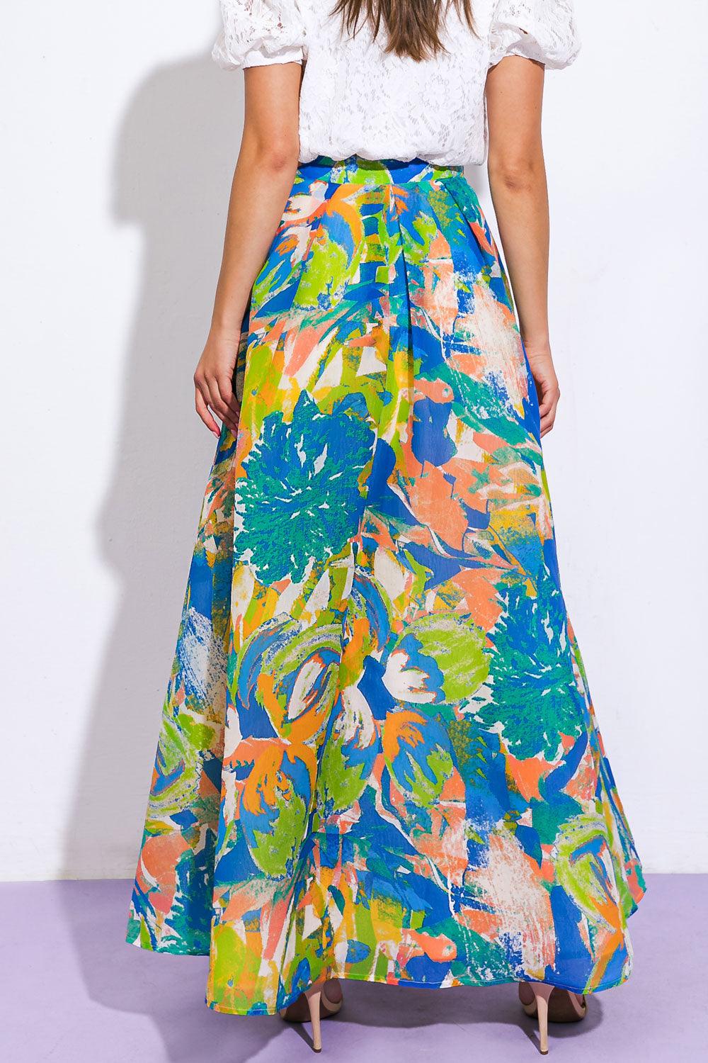 Back view of vibrant Coastal Chic woven maxi skirt.