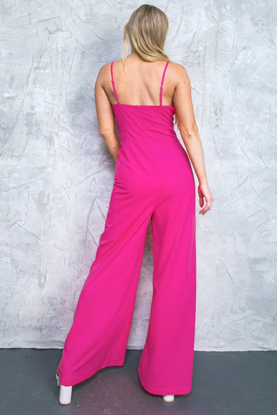 Pink woven jumpsuit, back view