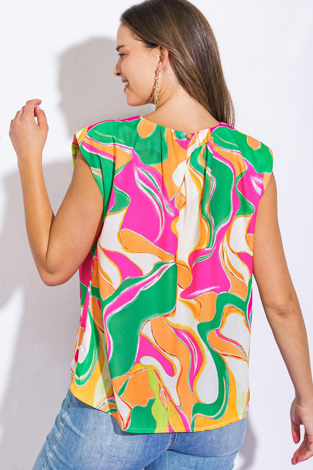 Colorful woven top with abstract pattern, back view