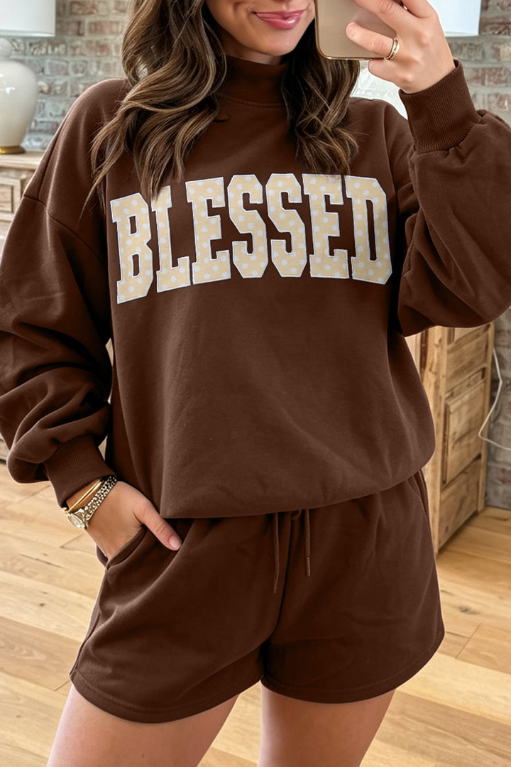Dark Green Christmas Slogan Print Mock Neck Pullover and Shorts Set