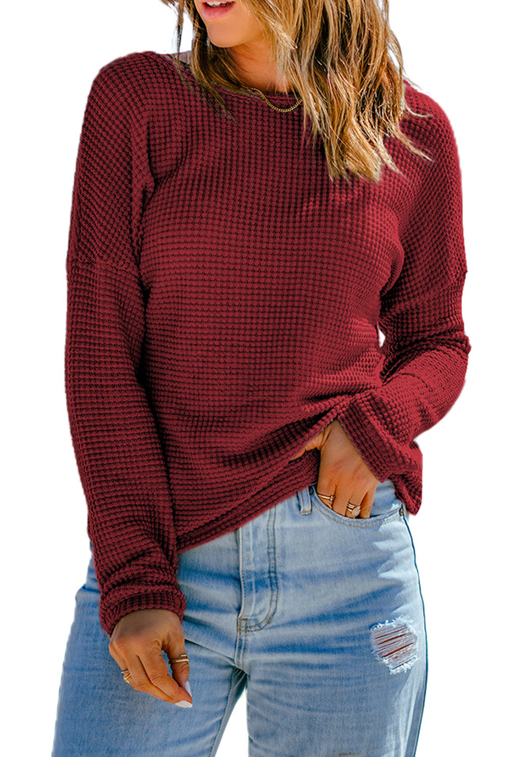 Fiery Red Waffle Knit Drop Shoulder Long Sleeve Top