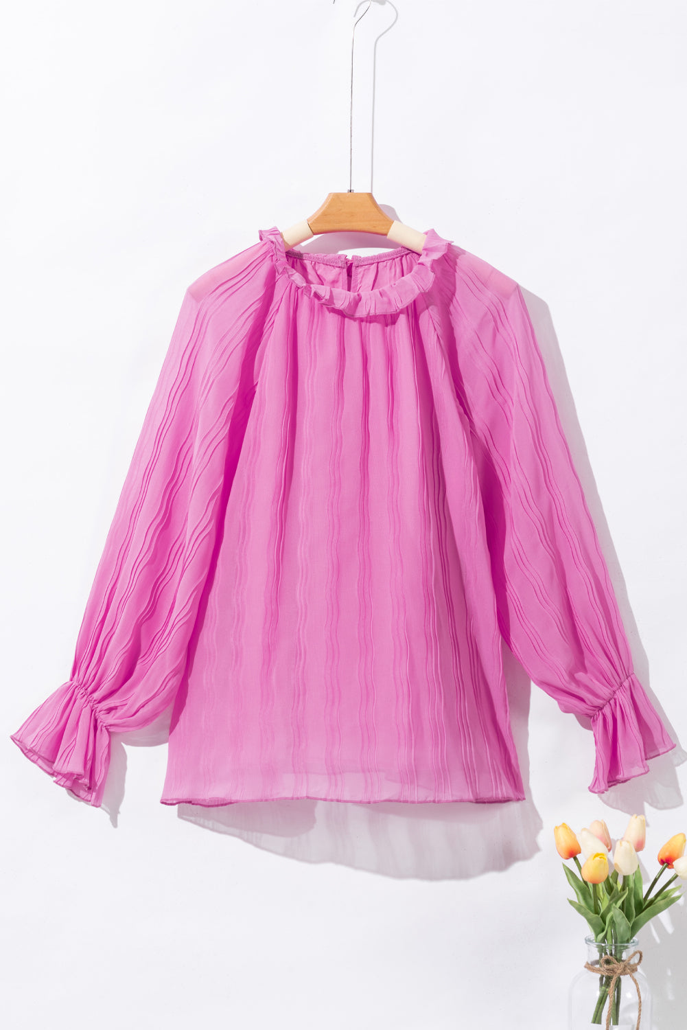 Pink Striking Pleated Flared Cuff Long Sleeve Blouse