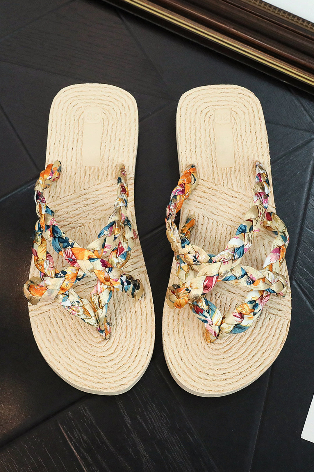 Beige Boho Printed Woven Caged Flip Flops Summer Slippers