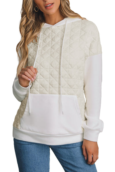 Beige Drop Shoulder Quilted Patchwork Kangaroo Pocket Hoodie