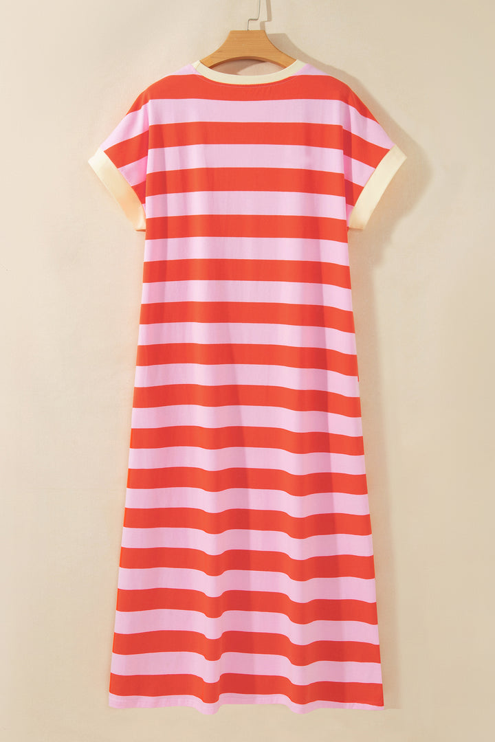 Rose Stripe Cuffed Short Sleeve Pocketed Casual T Shirt Long Dress