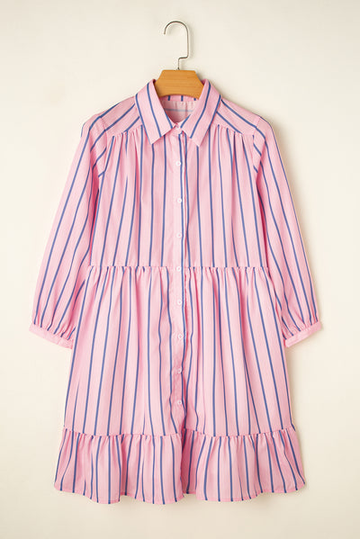 Pink Stripe Ruffled Hem Button-up Collared Shirt Mini Dress