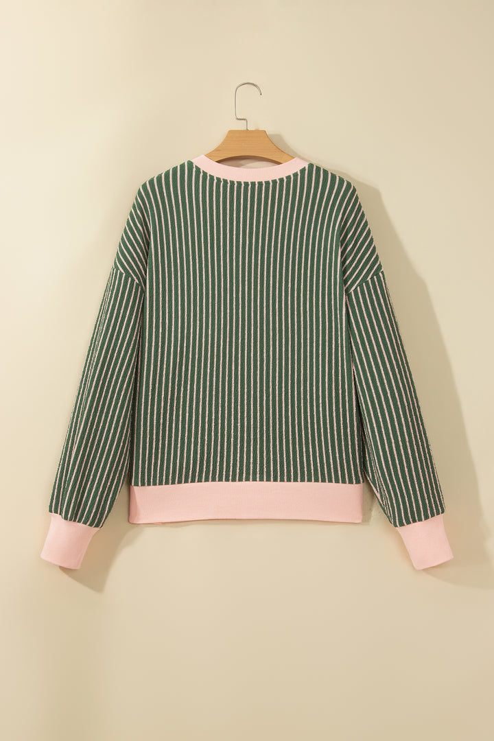 Green Stripe Striped V Neck Patchwork Long Sleeve Regular Fit Cardigan