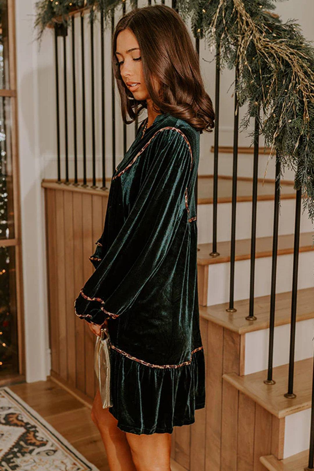Blackish Green Leopard Trim Velvet Long Sleeve Shift Dress