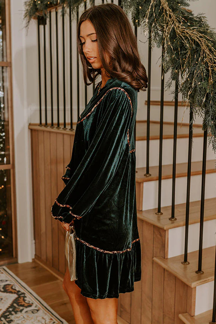 Blackish Green Leopard Trim Velvet Long Sleeve Shift Dress