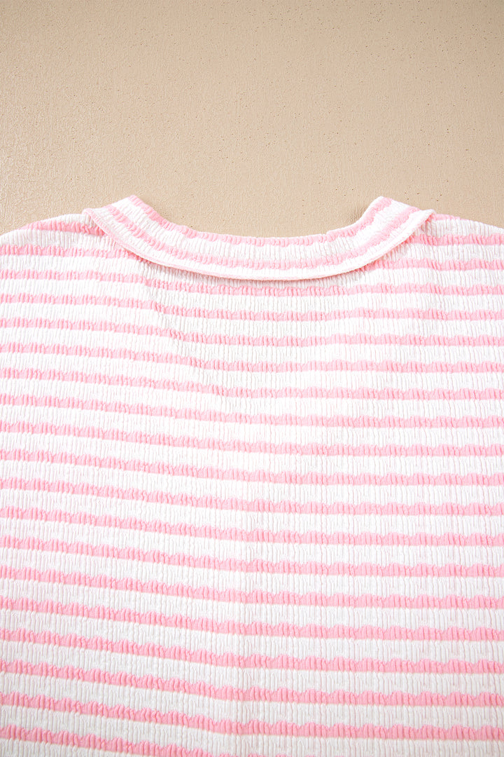 Pink Stripe Plus Size V Neck Exposed Seam Patchwork T Shirt