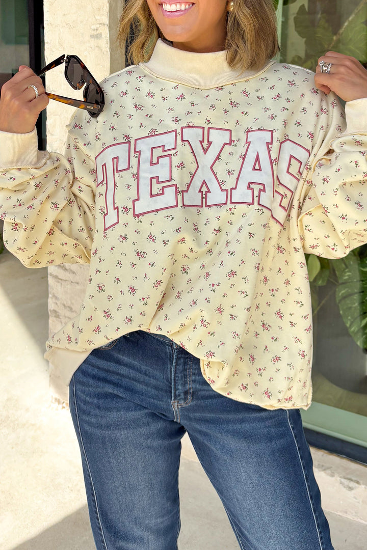 Beige Floral Print Stand Neck Long Sleeve Slogan Sweatshirt