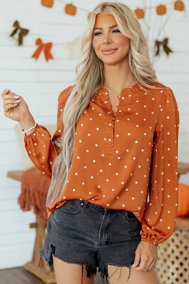 Brown Polka Dot Half Button V Neck Long Sleeve Blouse