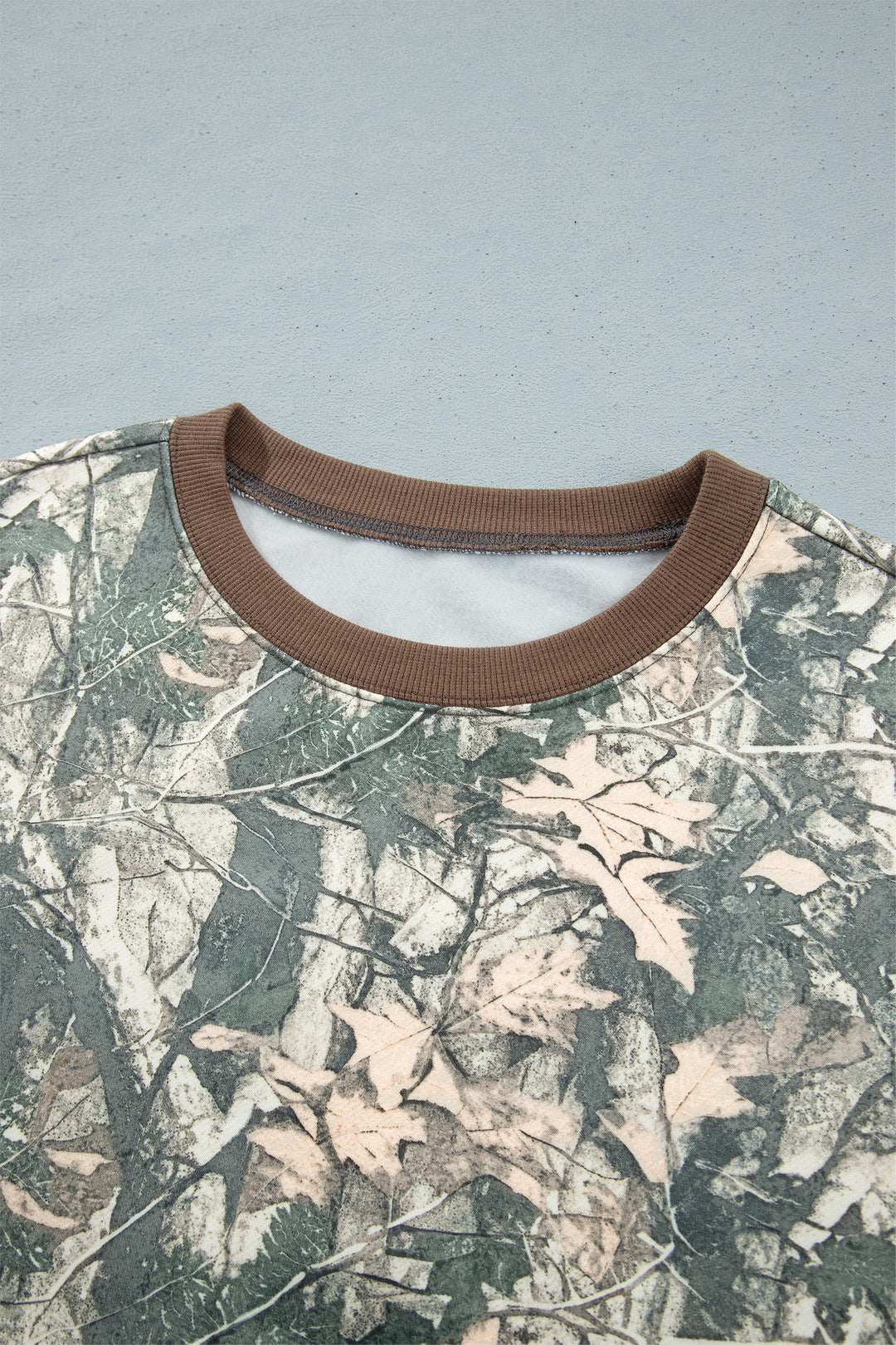 Brown Jungle Camouflage Print Ribbed Trim Long Sleeve Top Plus Size Pant Set