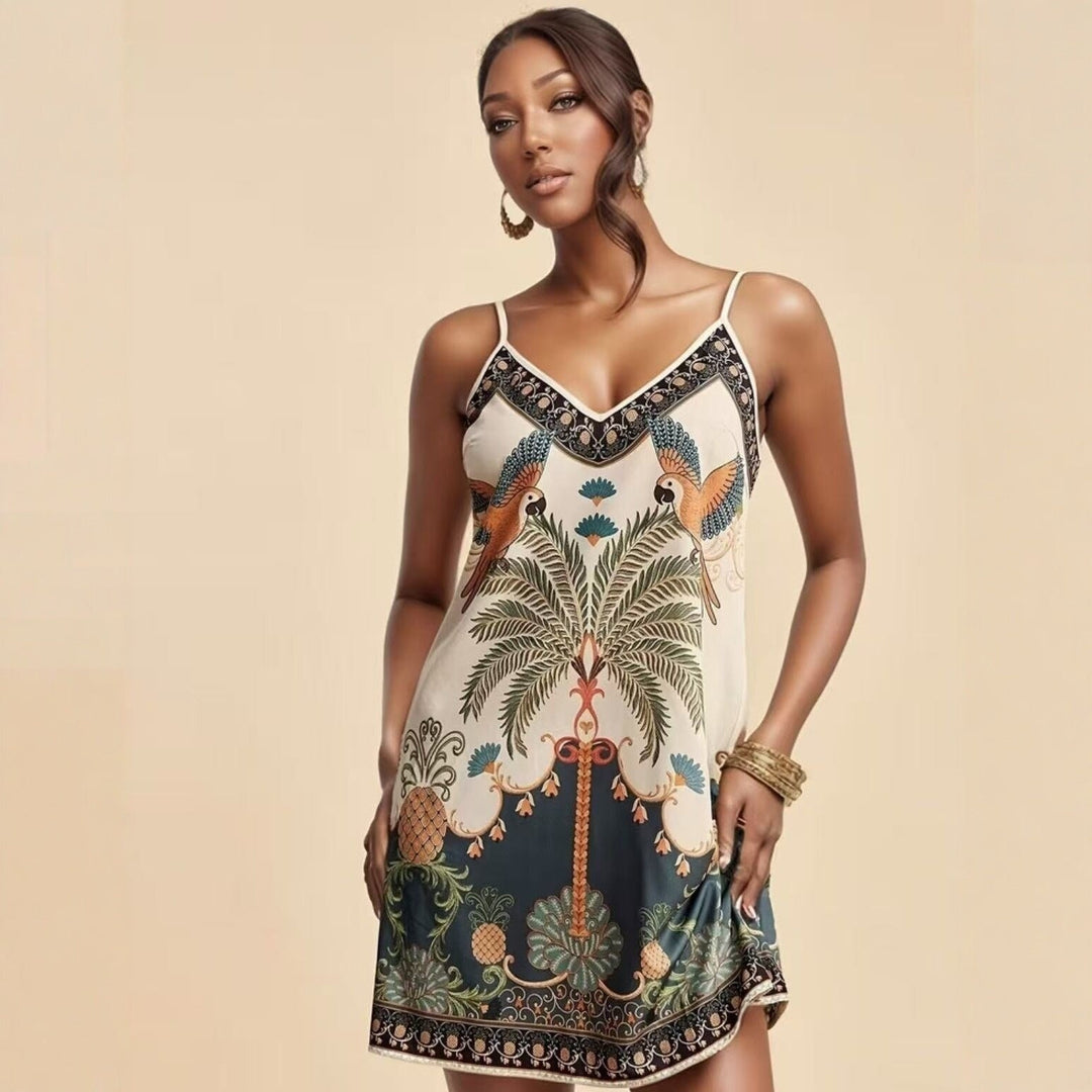 European and American-Style Tropical Print V-Neck Slip Dress