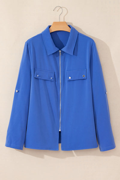 Dusk Blue Collar Tab Sleeve Zip Up Flap Detail Jacket