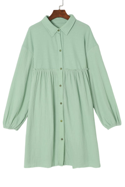 Green Patchwork Crinkle Puff Sleeve Shirt Dress