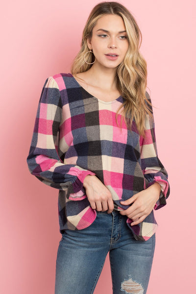 V-Neck Ruffle Sleeves Plaid Top