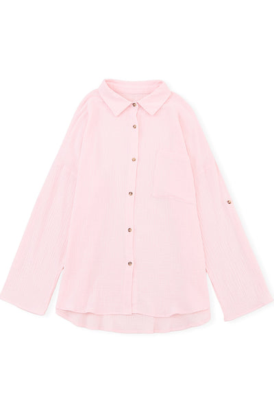 Pink Crinkle Texture Roll-tab Sleeve Shirt