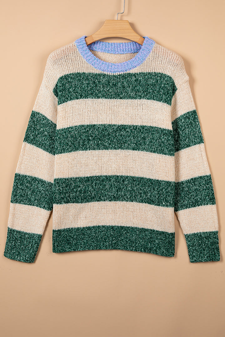 Green Stripe Striped Colorblock Drop Shoulder Pullover Sweater