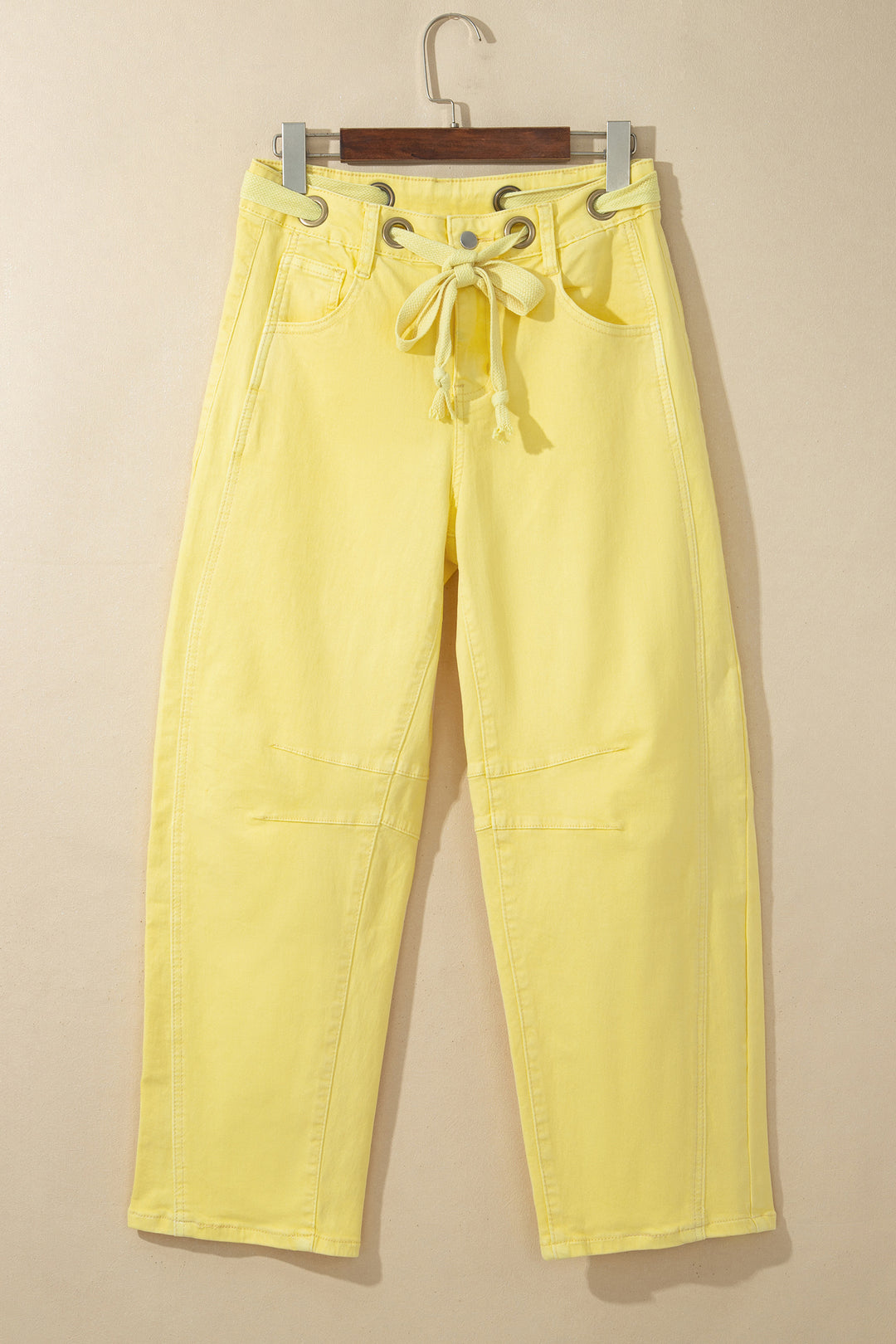 Light Pink Solid Color Grommet Detail Knot Waist Barrel Jeans