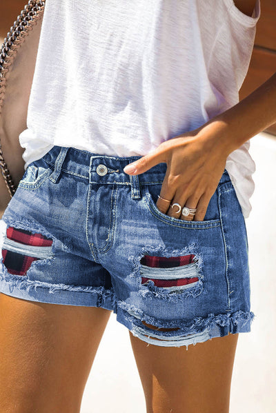 Camo Patchwork Rolled Hem Denim Shorts