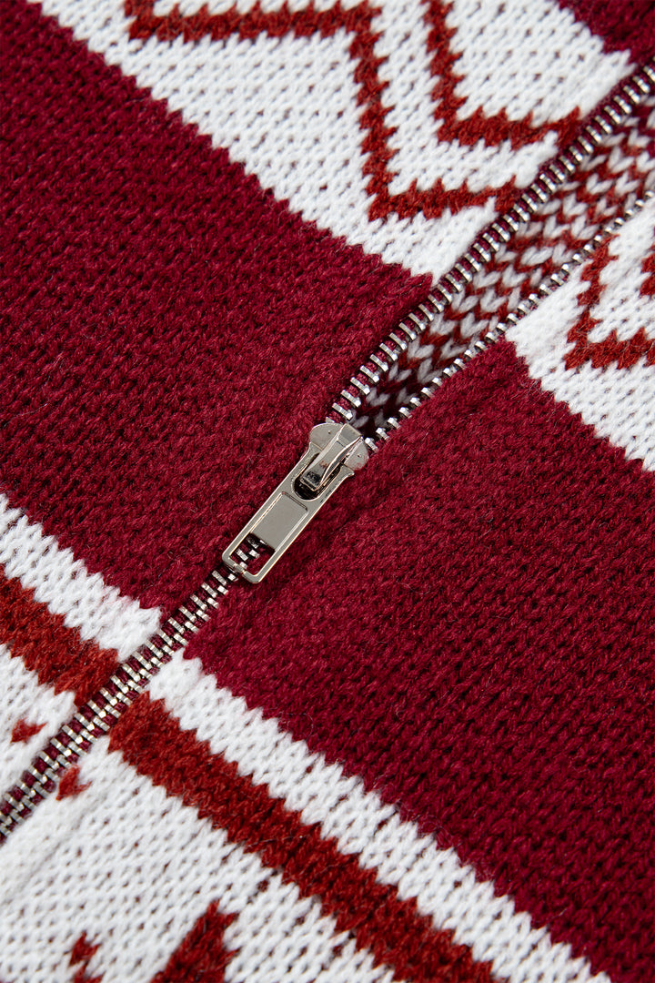 Red Geometric Pattern Zip-Up Knit Long Sleeve Regular Fit Cardigan