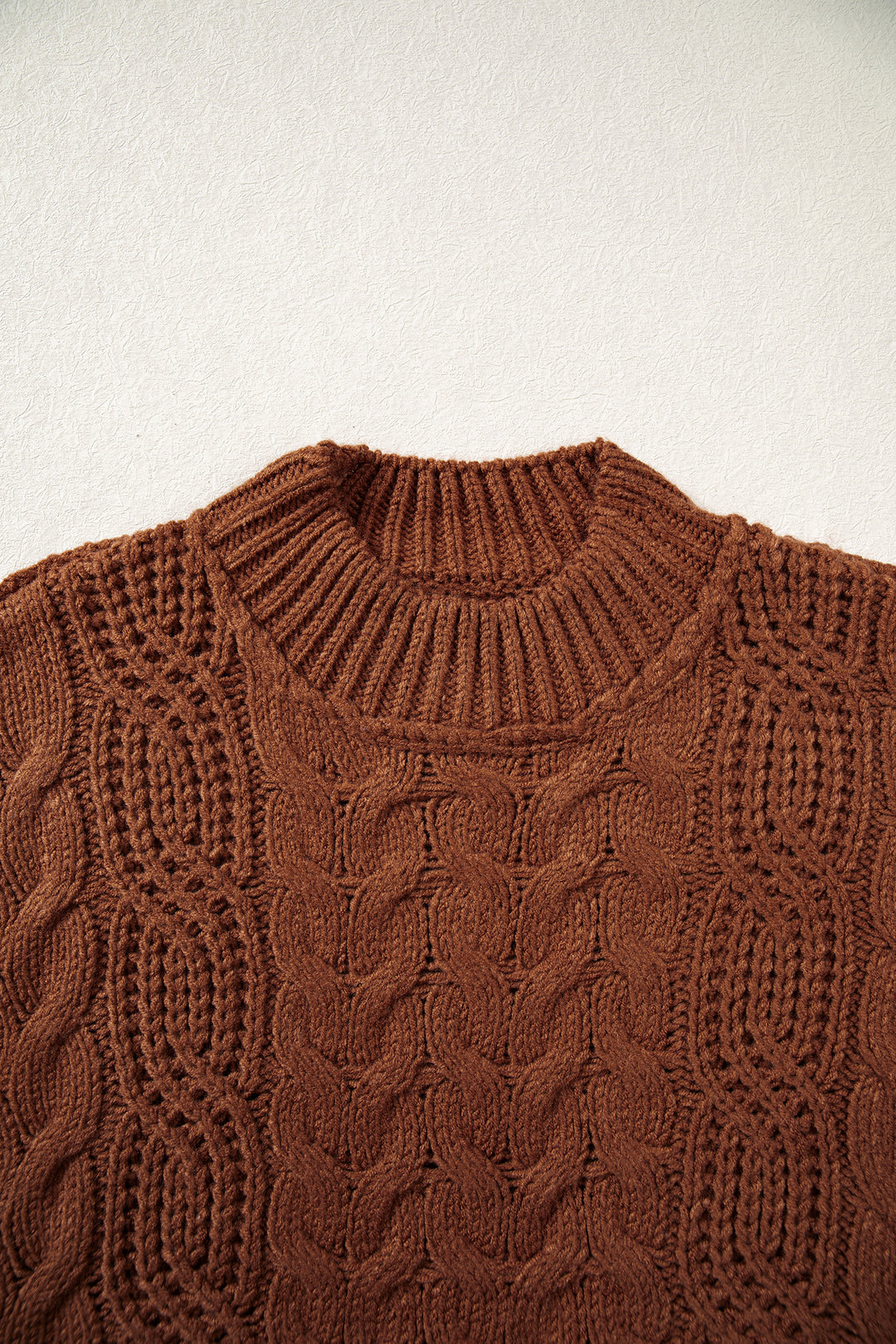 Coffee Solid Color Cable Knit High Neck Loose Pullover Sweater
