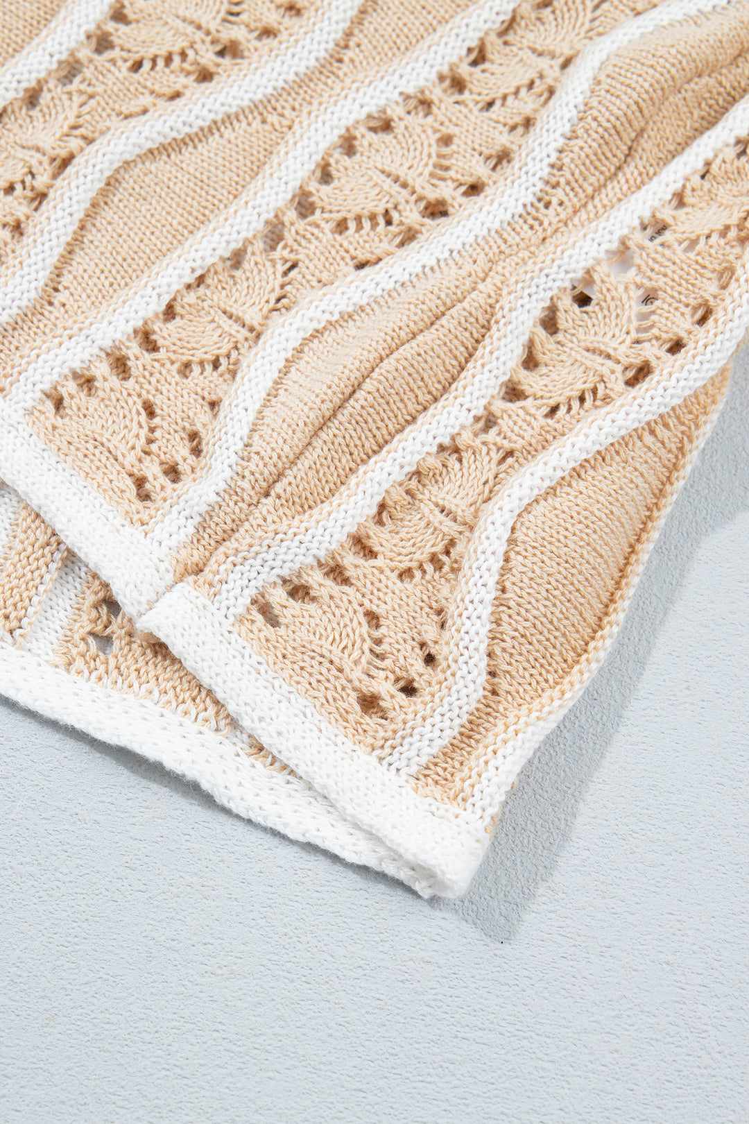 Khaki Wavy Detail Hollow Out Knit Long Sleeve Cotton Pullover Sweater