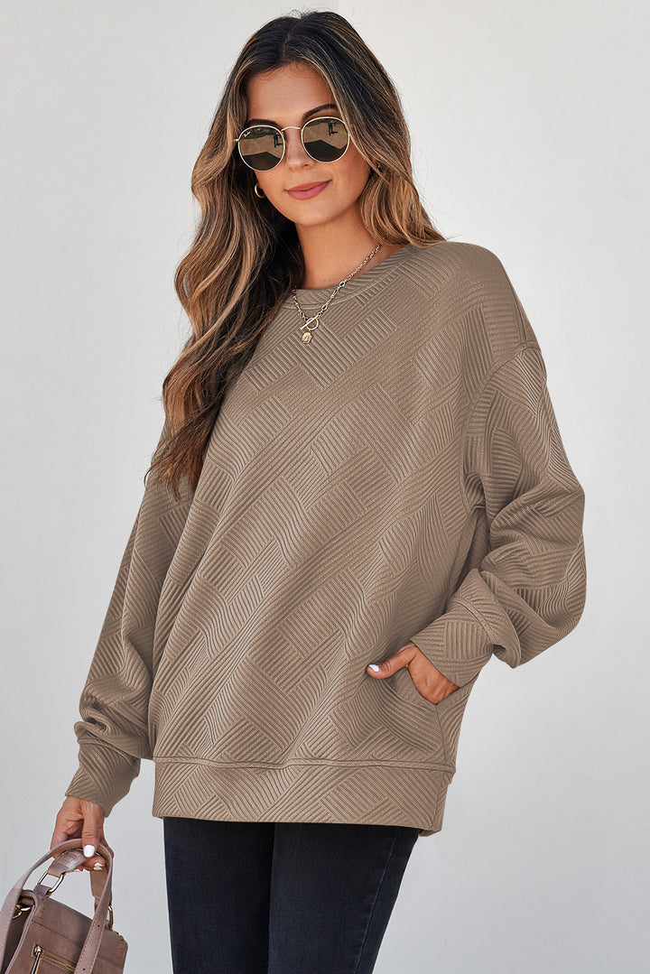 Parchment Solid Color Textured Round Neck Drop Shoulder Pullover Sweatshirt