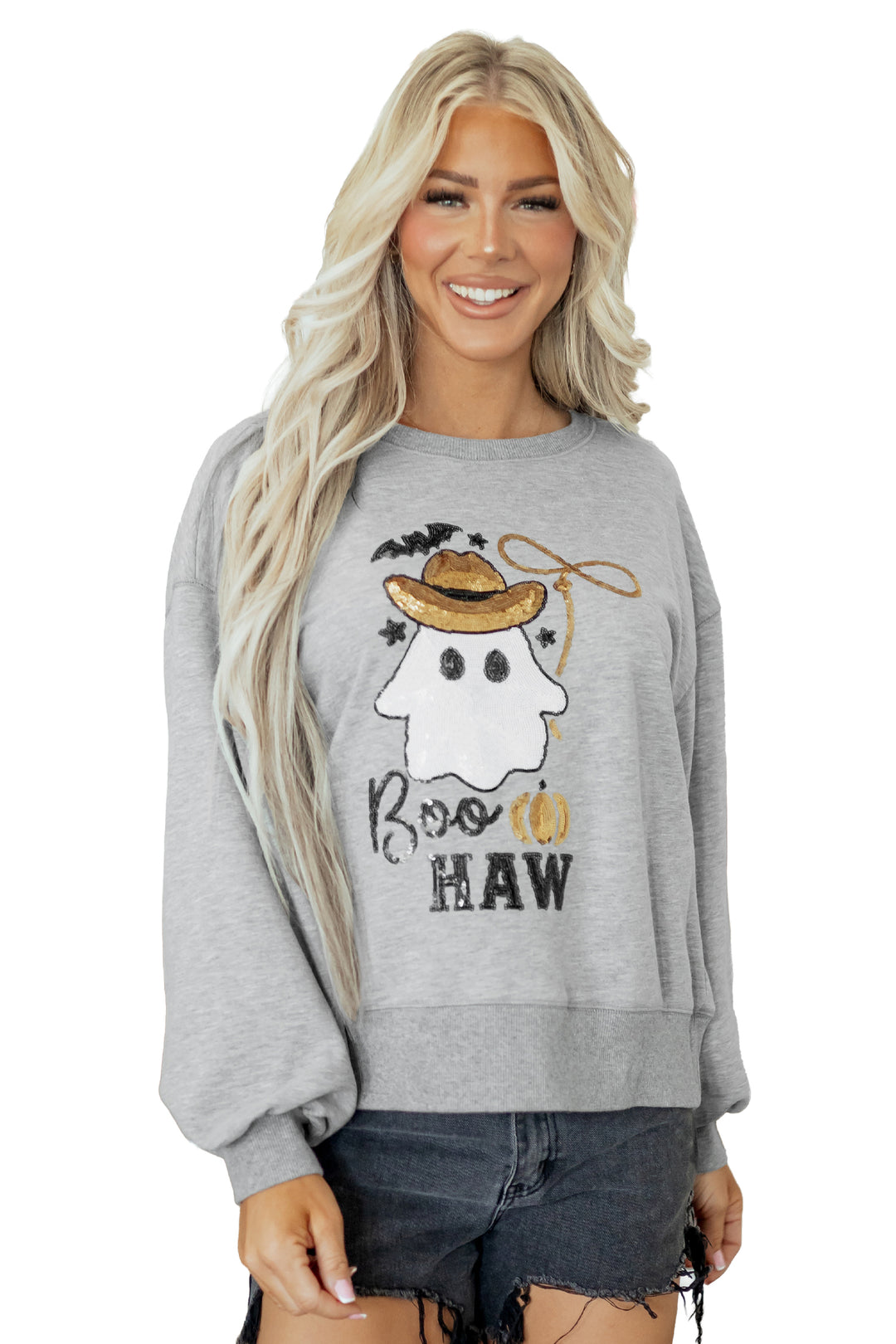 Medium Grey Sequin Western Ghost Print Long Sleeve Round Neck Sweatshirt