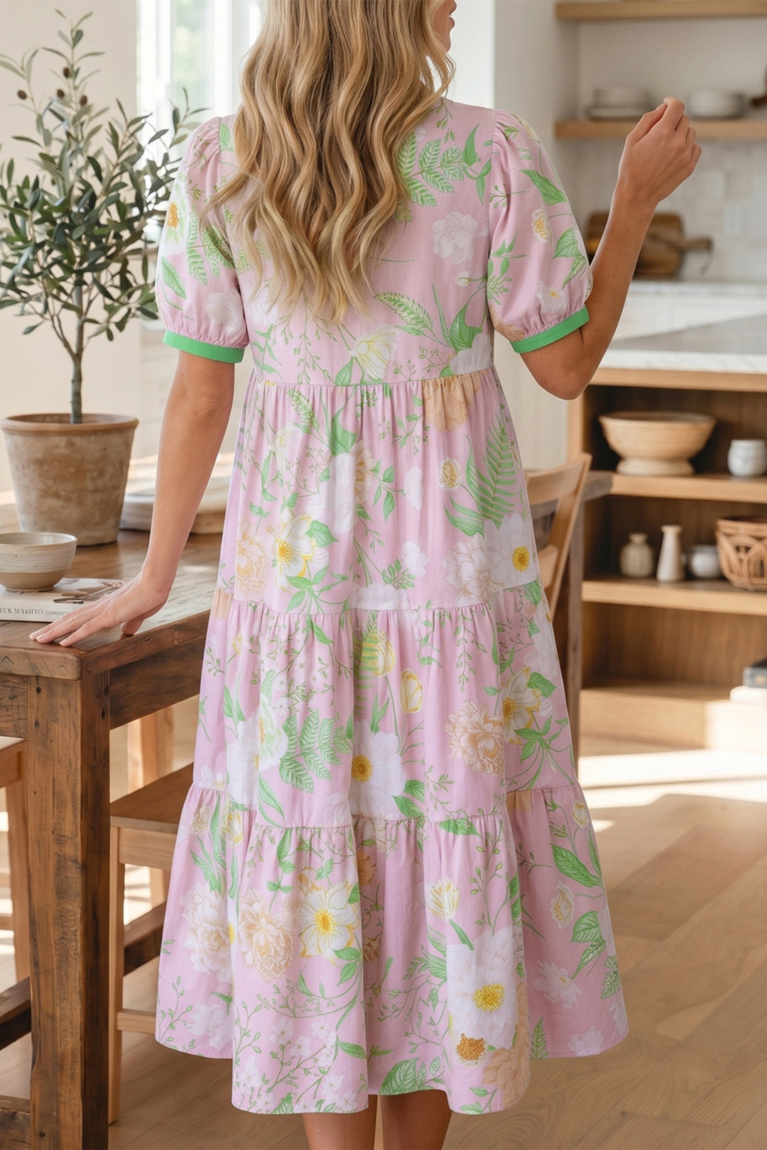 Pink Floral Print Short Puff Sleeve High Waist Tiered Maxi Dress