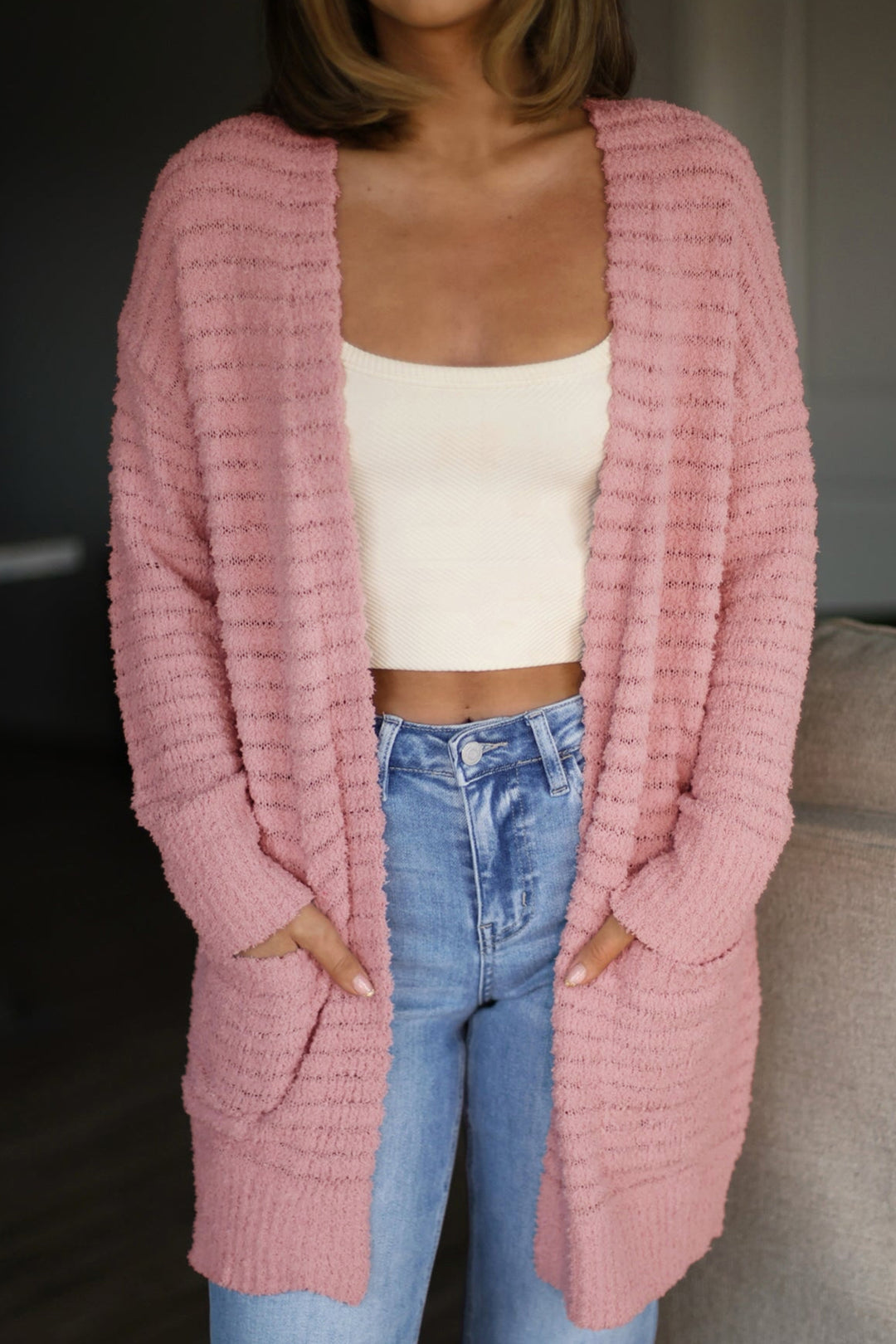 Light Pink Open Front Soft Fuzzy Ribbed Sweater Cardigan
