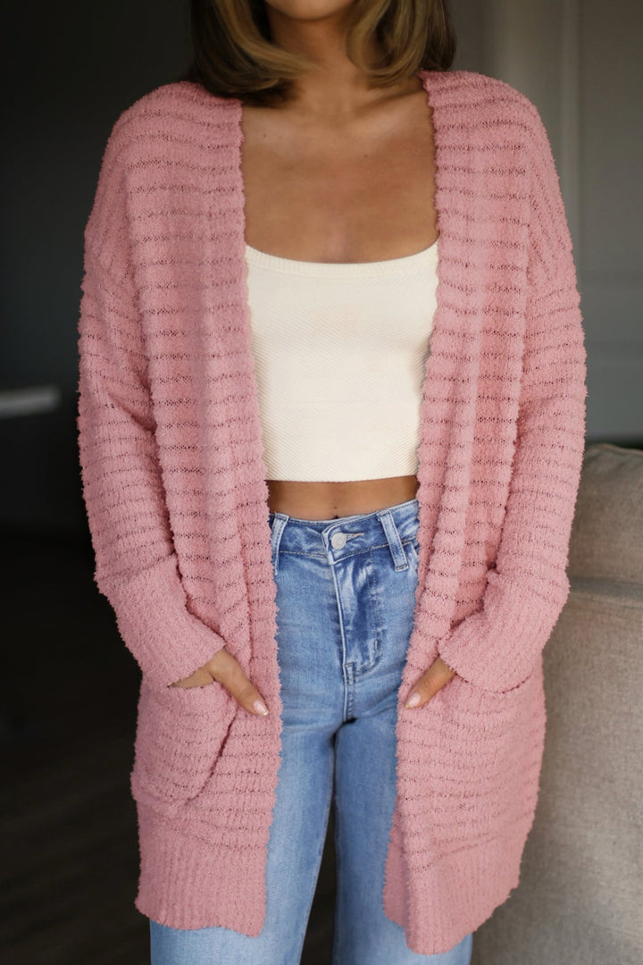 Light Pink Open Front Soft Fuzzy Ribbed Sweater Cardigan