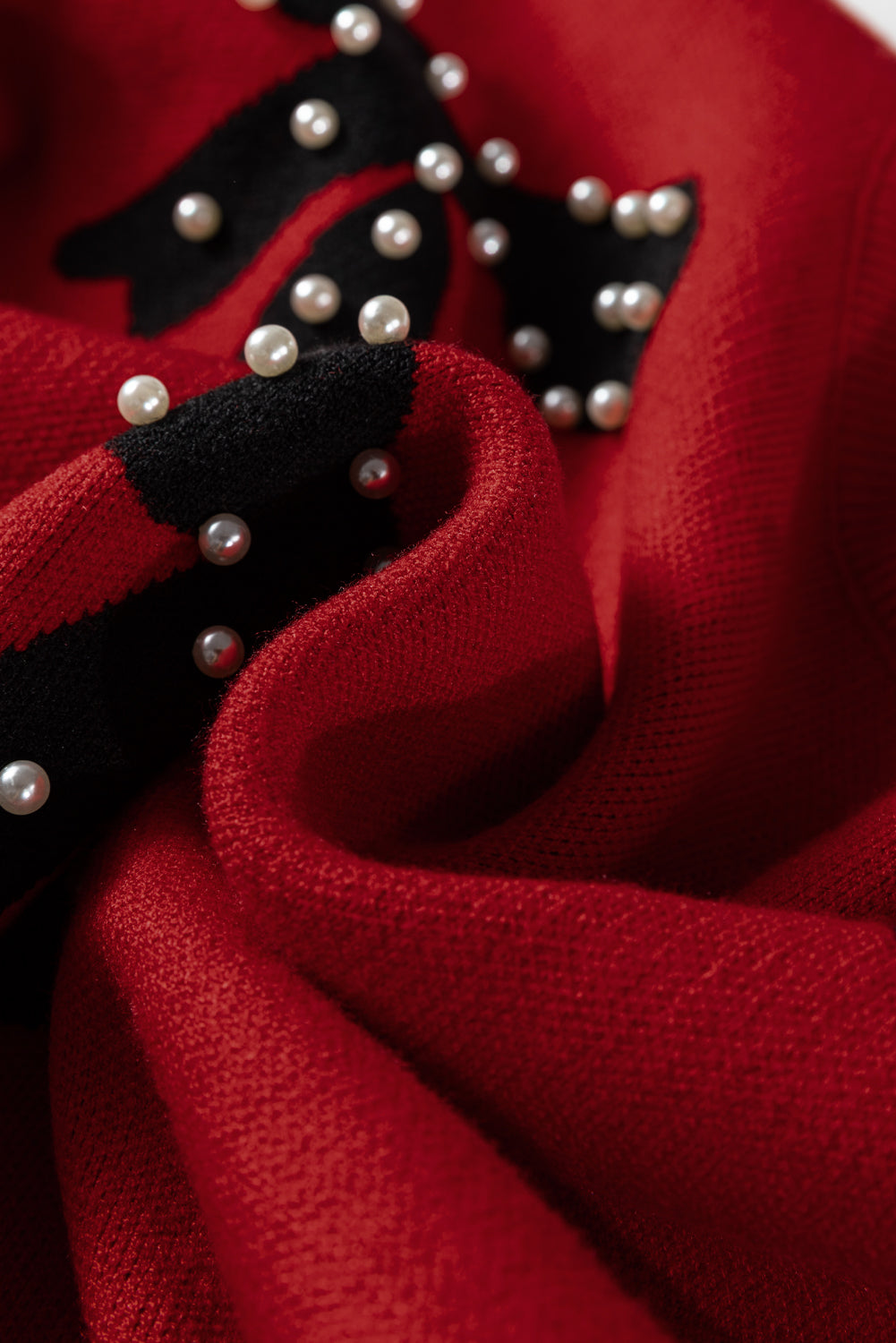 Blackish Green Pearl Embellished Bow Pattern Loose Sweater