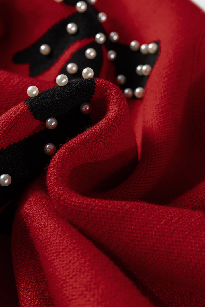 Blackish Green Pearl Embellished Bow Pattern Loose Sweater