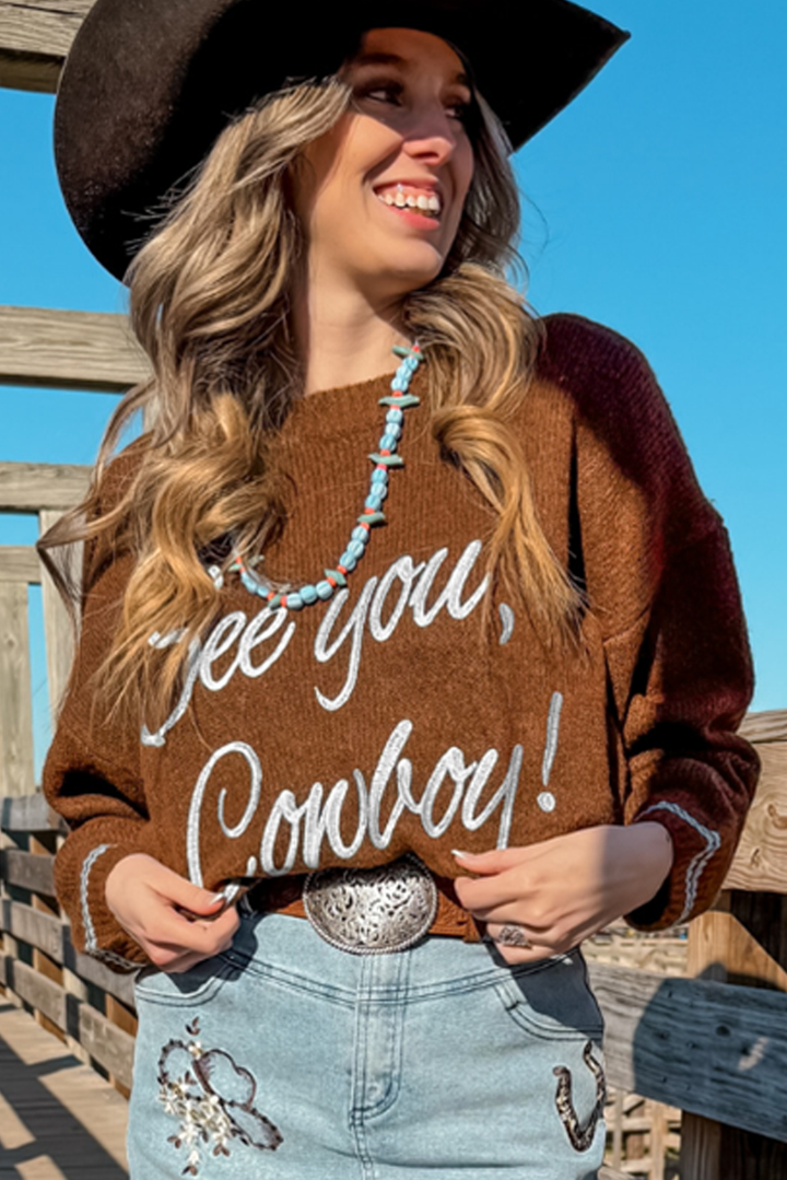Light Grey See You Cowboy Embroidered Western Graphic Sweater