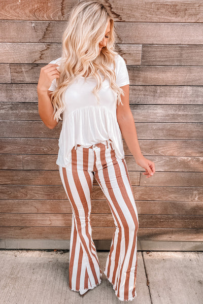 Brown Striped Fringe Bell Bottom Denim Pants