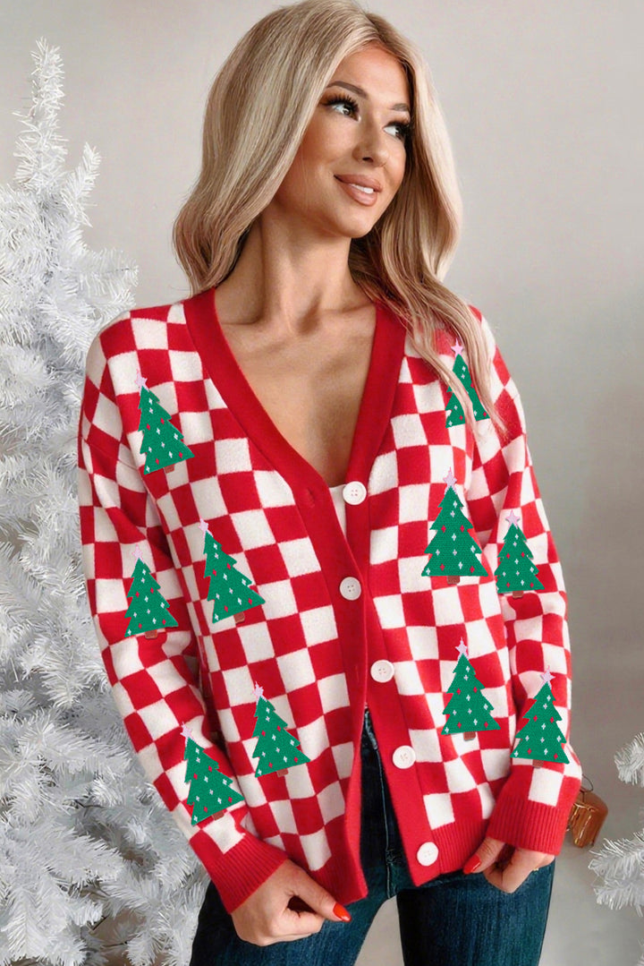 Pink Checkered Christmas Tree Pattern Button V Neck Cardigan Sweater