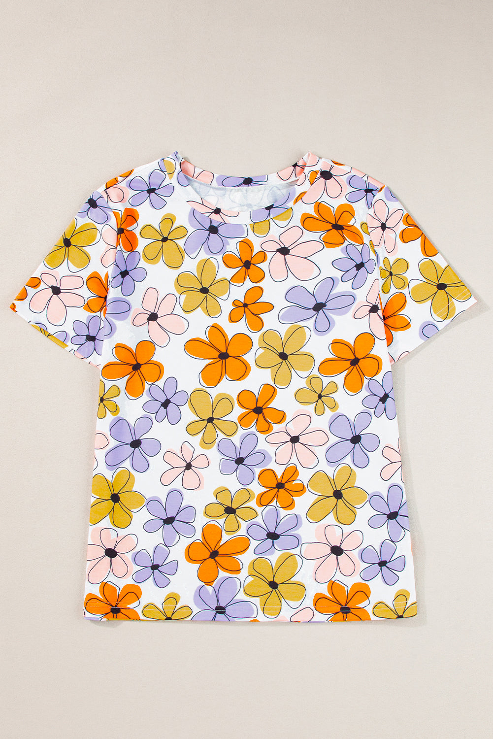 Orange Summer Flower Print Casual Round Neck T Shirt