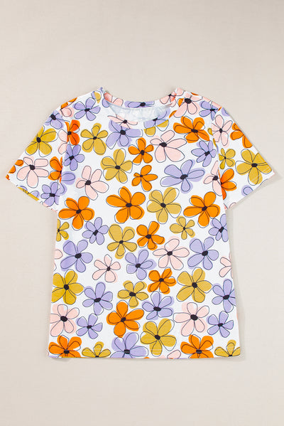 Orange Summer Flower Print Casual Round Neck T Shirt