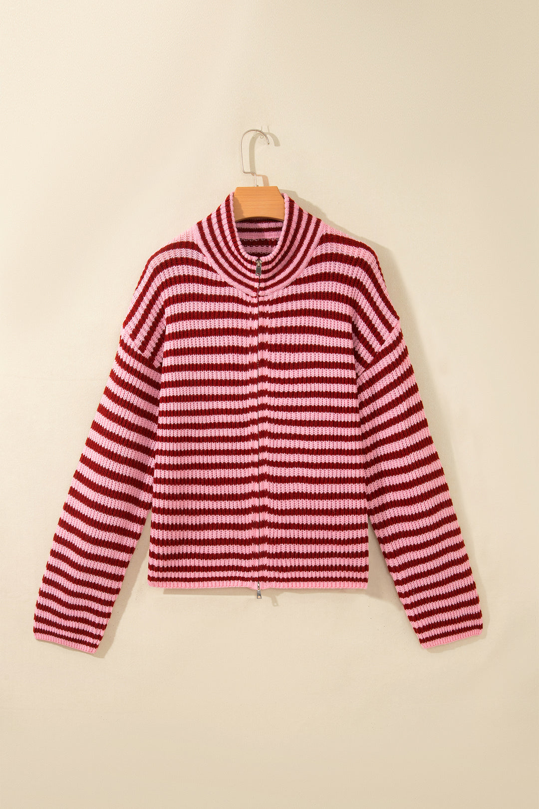 Red Stripe Striped High Neck Zip-up Sweater Long Sleeve Casual Fit Drop Shoulder Open Front Cardigan