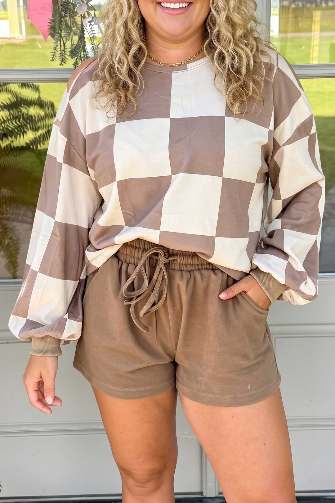 Khaki Checkered Contrast Long Sleeve Top Solid Shorts Plus Size 2pcs Set