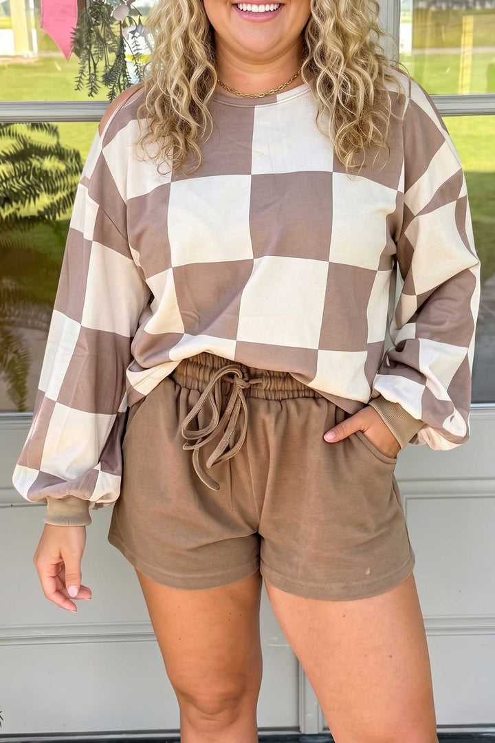 Khaki Checkered Contrast Long Sleeve Top Solid Shorts Plus Size 2pcs Set